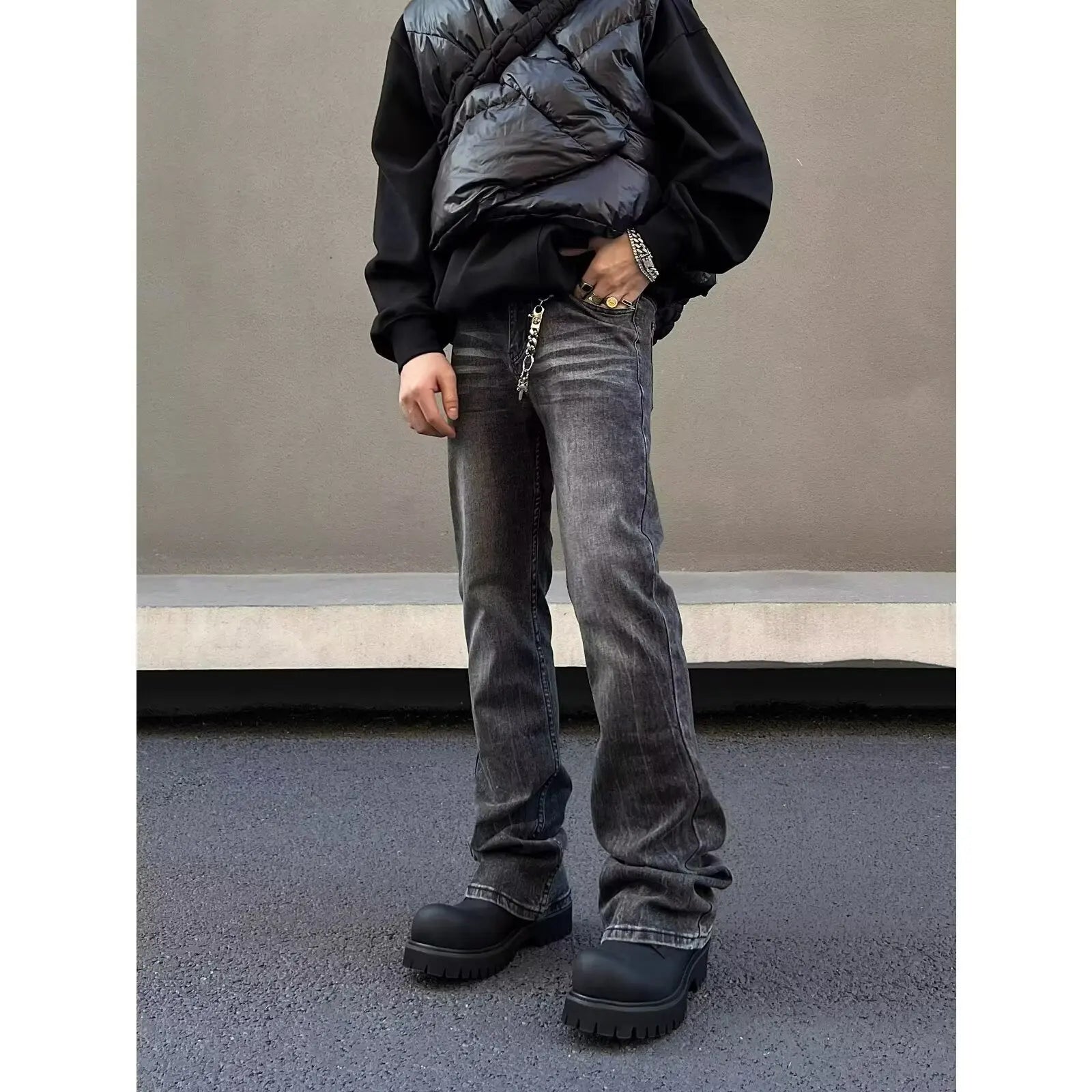 American high street washed black jeans for men stylish and straight cut slim fit elastic micro flared pants